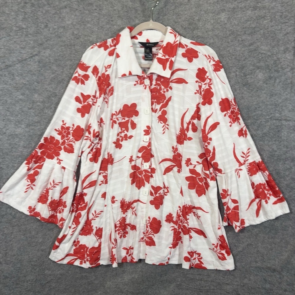 Ali Miles Blouse Womens XL White Red Textured Floral Flare Sleeves Lightweight